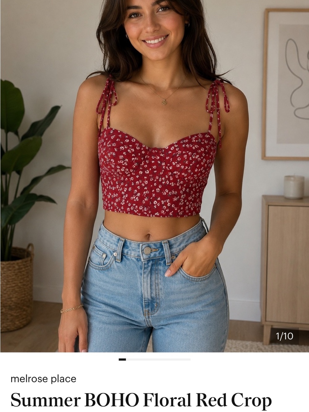 Melrose Place Red Floral Tie-Shoulder Crop Top